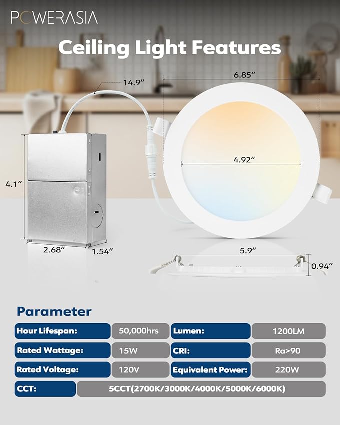 POWERASIA 12 Pack 6 Inch Ultra-Thin LED Recessed Ceiling Light - Image 2