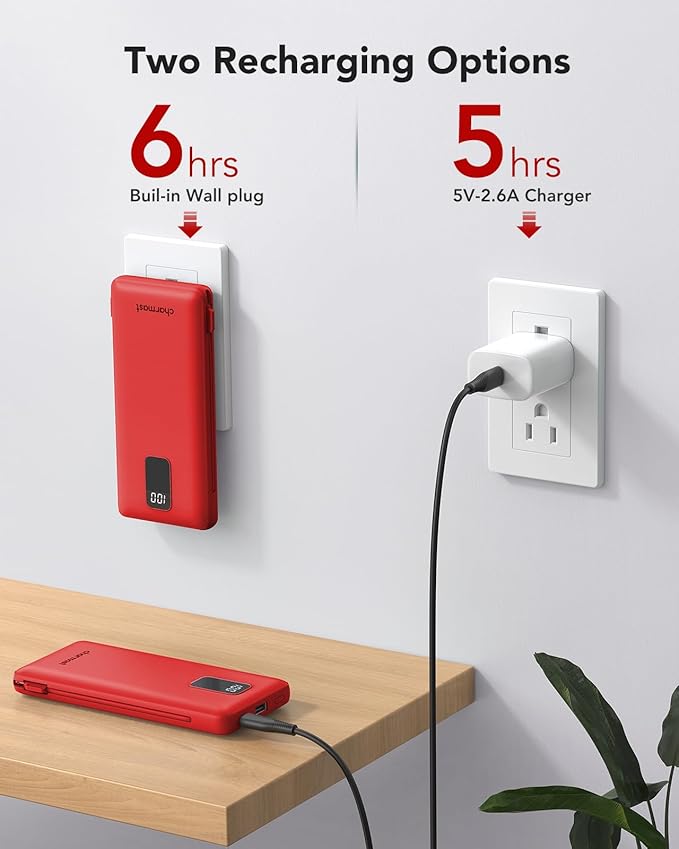 charmast Portable Charger with Built-in Cables and Plug, 10000mAh USB C Power - Image 4