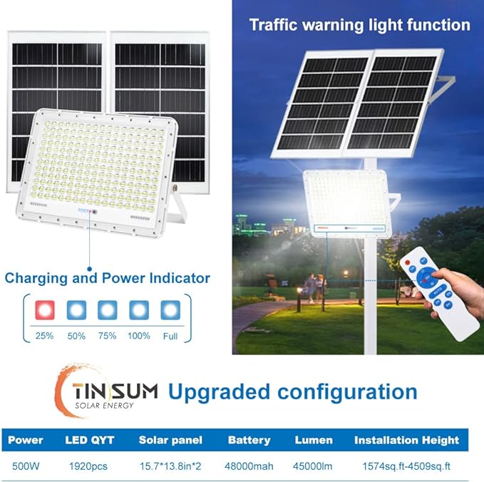 TINSUM 500W Solar Led Flood Lights Outdoor, 28000 Lumens Solar Security Street - Image 4