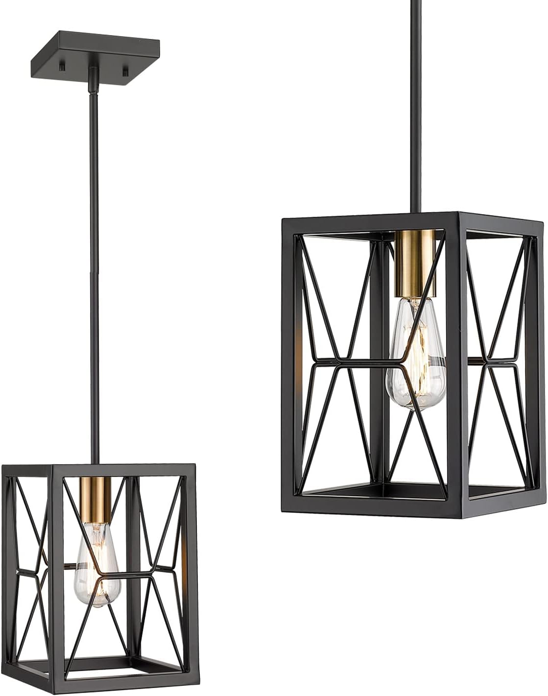 EAPUDUN Adjustable Farmhouse Pendant Lantern Light, 1-Light Hanging Lantern with Matte Black Finish & Gold Socket, Rustic Industrial Ceiling Light for Kitchen Island, Dining Room, Foyer, Hallway