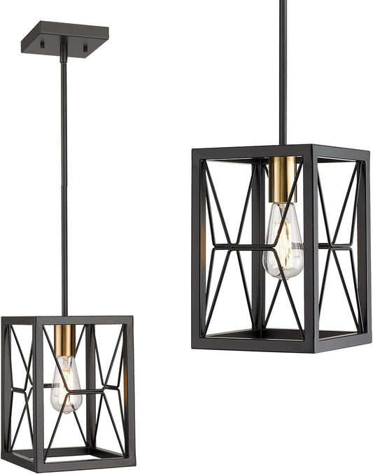 EAPUDUN Adjustable Farmhouse Pendant Lantern Light, 1-Light Hanging Lantern with Matte Black Finish & Gold Socket, Rustic Industrial Ceiling Light for Kitchen Island, Dining Room, Foyer, Hallway