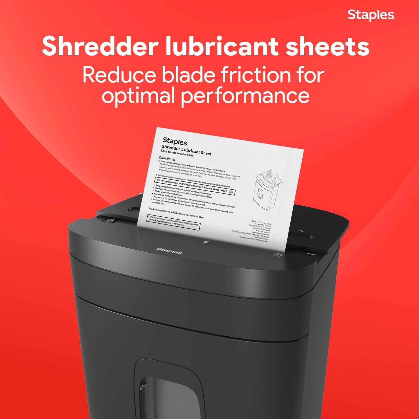 Staples Shredder Lubricant Sheets, Reduces Friction & Noise, 24-Pack | Keeps shredder blades sharp and running smoothly for longer machine life.