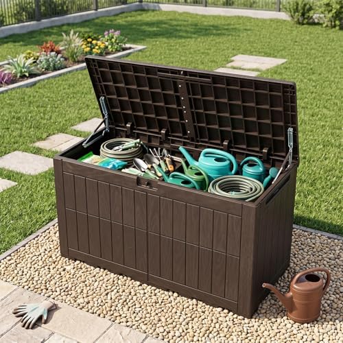 tangkula 100 gallon outdoor storage box with lockable shown in use