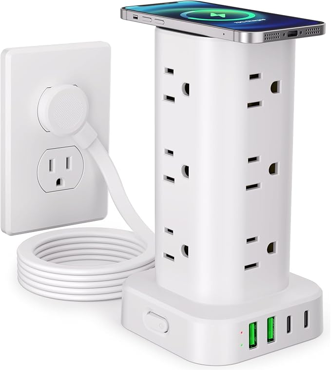 Power Strip Tower with Wireless Charger, Flat Plug Surge Protector Tower with by Unknown