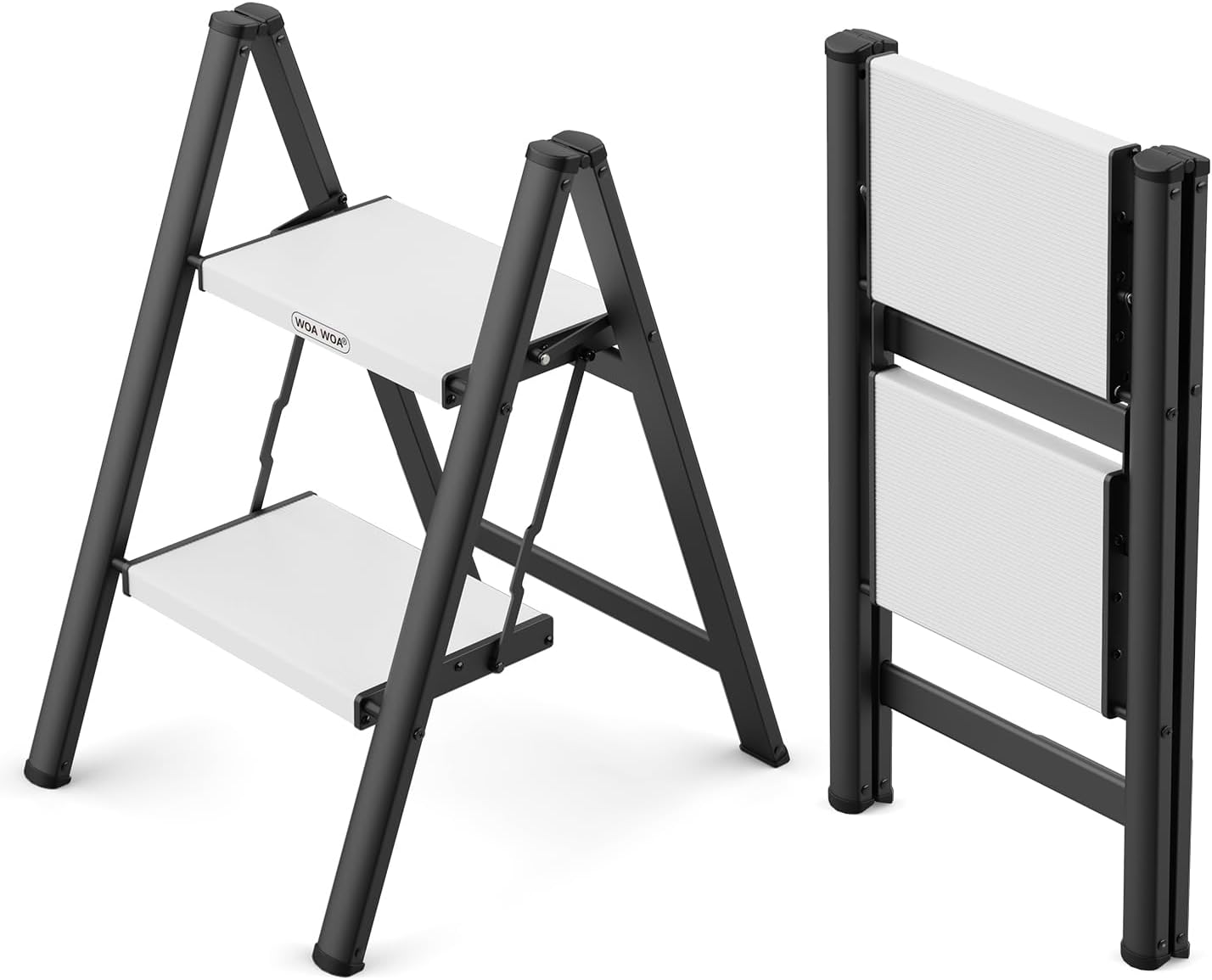 2 Step Ladder, Foldable Step Stool, 300lbs Load, Black & White | Folded 27''H x 3''T; Net 6.9 lbs; Rigid Aluminum Steps; No Assembly; For Home, Kitchen, Office, Pantry, Closets, Cabinets
