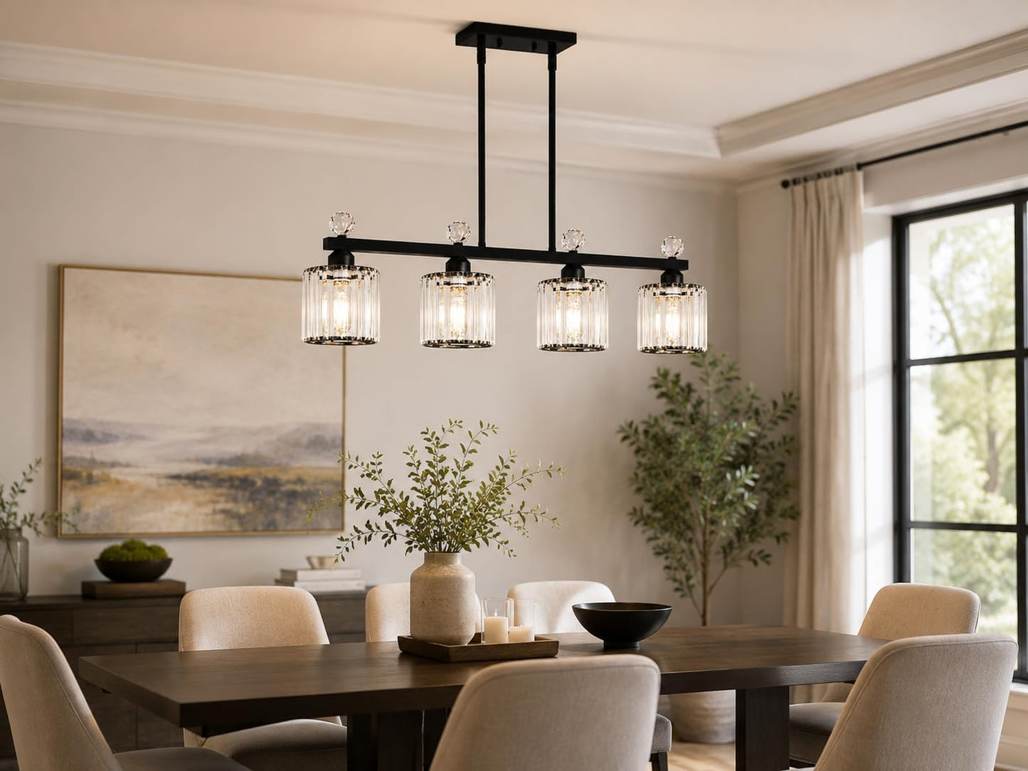 32" Crystal Island Light for Kitchen, 4-Light Black Linear Pendant Light | Linear Chandelier over Kitchen Island, Modern Ceiling Hanging Chandelier for Dining Room. Adjustable Height, E26