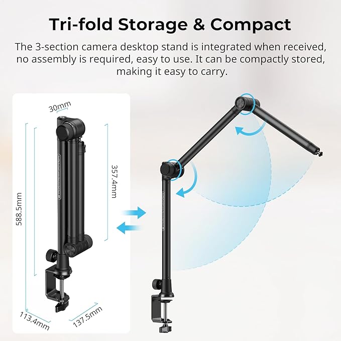 SMALLRIG Overhead 3-Section Desktop Camera Bracket, Damping Boom Arm Desk Mount - Image 5