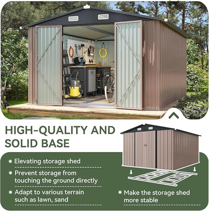 aoxun 10x12 ft galvanized steel outdoor storage shed, close-up detail