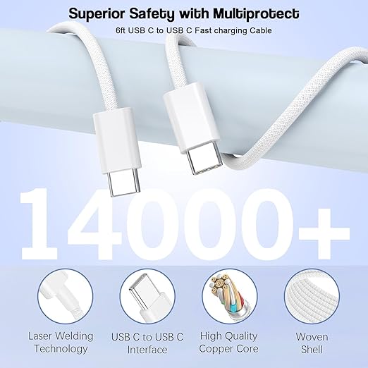 2Pack iPhone 17 16 15 Pro Max Fast Charging Block, 6FT USB C to C Woven Cable - Image 4