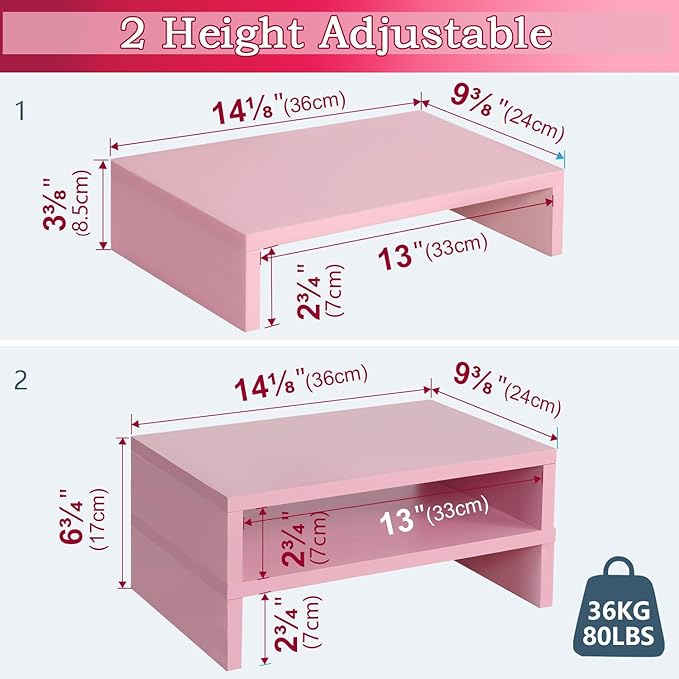TEAMIX Pink Monitor Stand Riser-2 Pack, Wood 2 Tier Adjustable Monitor Stand - Image 4