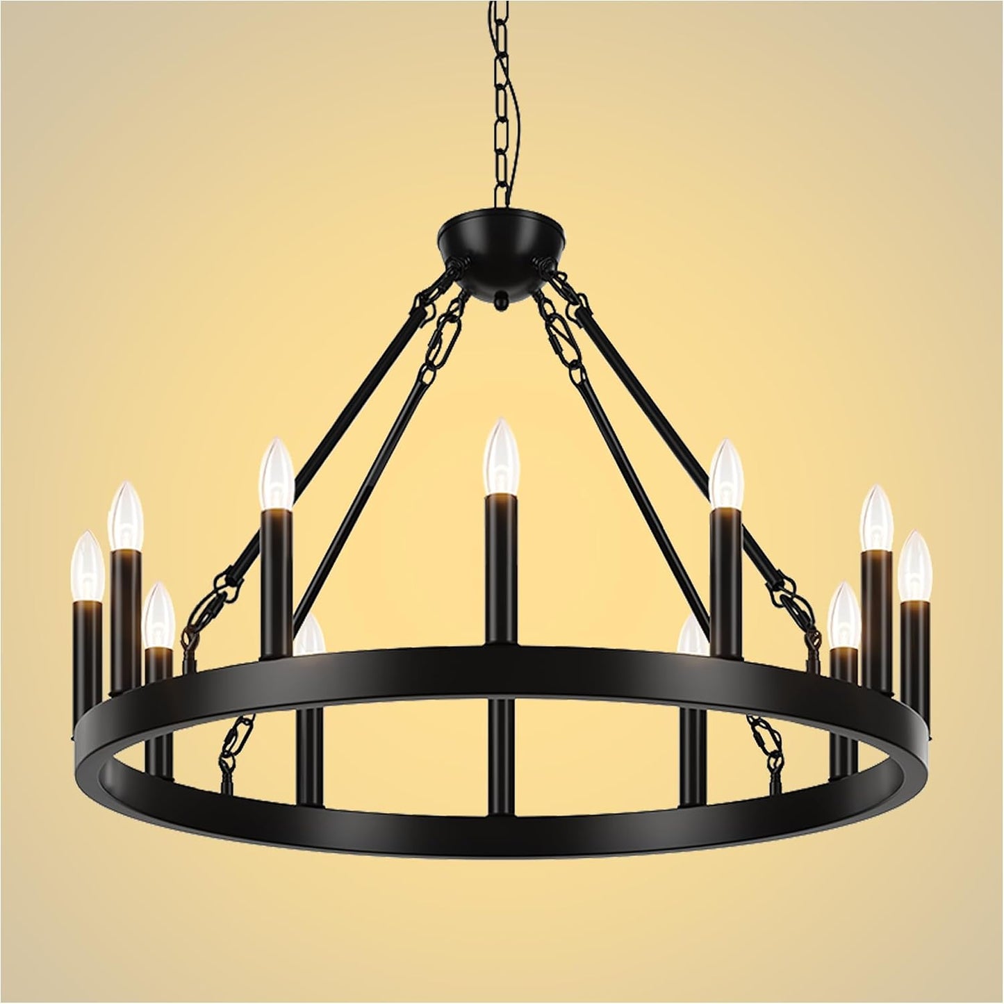 Black Wagon Wheel Chandelier, 12-Lights 32 Inch Farmhouse Pendant Light Fixture, Round Rustic Hanging Lighting for Dining Room Kitchen Island Foyer Entryway