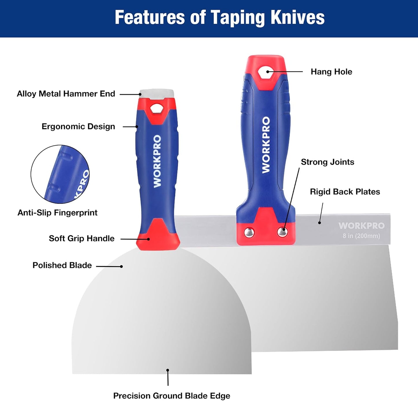 WORKPRO Drywall Tools, Stainless Steel Taping Knife 8 in 1 Painting Scraper with Mud Pan, Spackle Knife Set for Drywall Repairing, Paint Scraping and Wallpaper Removing | PP Rubber Handle, Drywall Repairing, Paint Scraping, Wallpaper Removing, Easy to