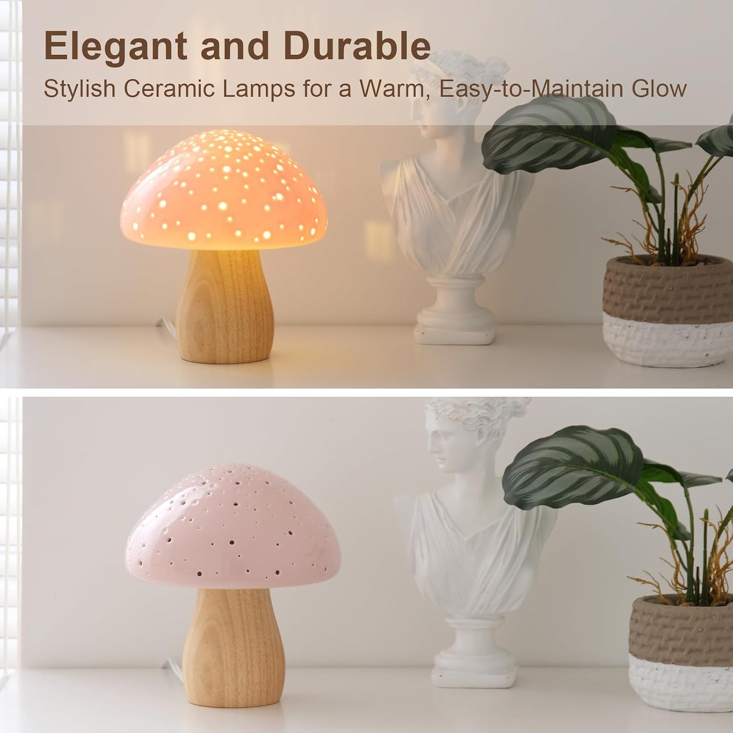 BOHON Mushroom Lamp Ceramic Bedside Table Lamp, Pink | Vintage Cute Night Light Small Aesthetic Nightstand Lamp for Living Room Bedroom Kids Desk Home Decor, LED Bulb Included