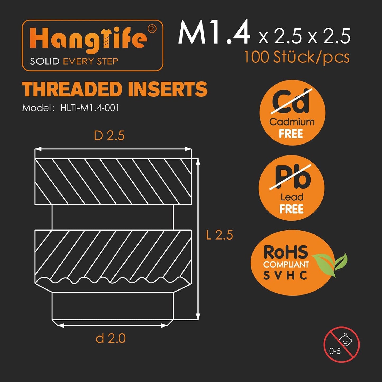 HANGLIFE Heat-Set Threaded Inserts, M1.4 Heat Set Insert for 3D Printing Components and Plastic Parts - Brass Metric Knurled Nuts (100 Pieces)