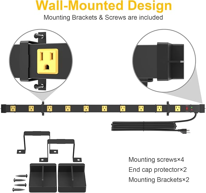 10 Outlet Surge Protector, Long Metal Wide Spaced Garage Industrial Power Strip - Image 5