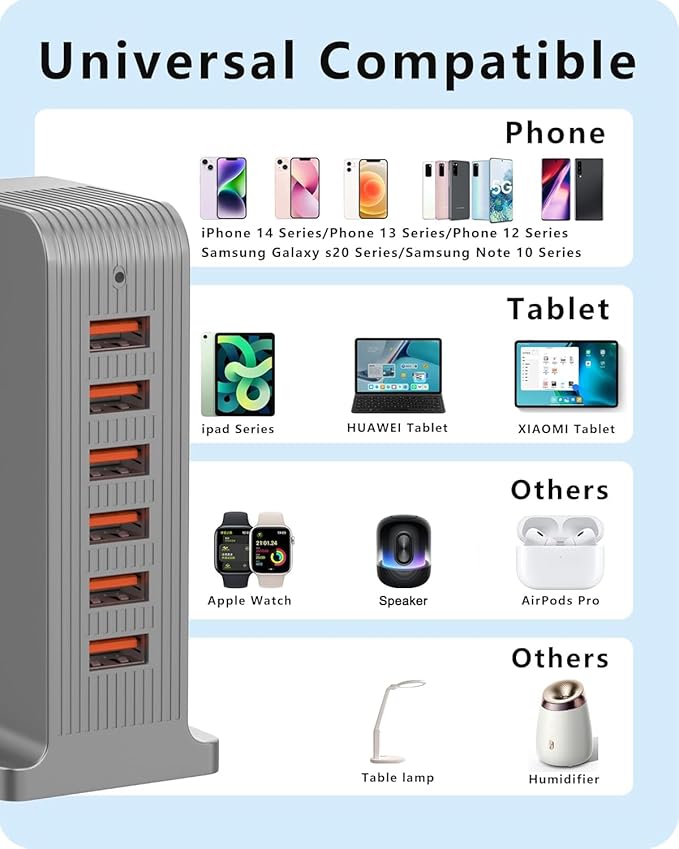 VPSUN USB Charger 6 Port 50W Multi USB Tower Charging Station - Image 4