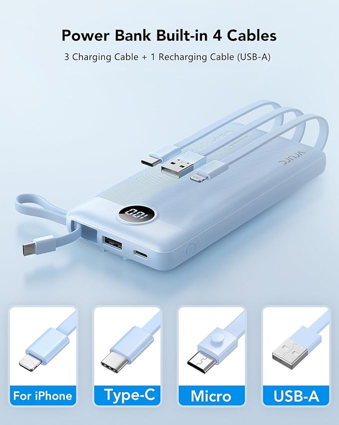 VRURC 10000mAh Power Bank Built-in Cables, Portable Charger - Image 2