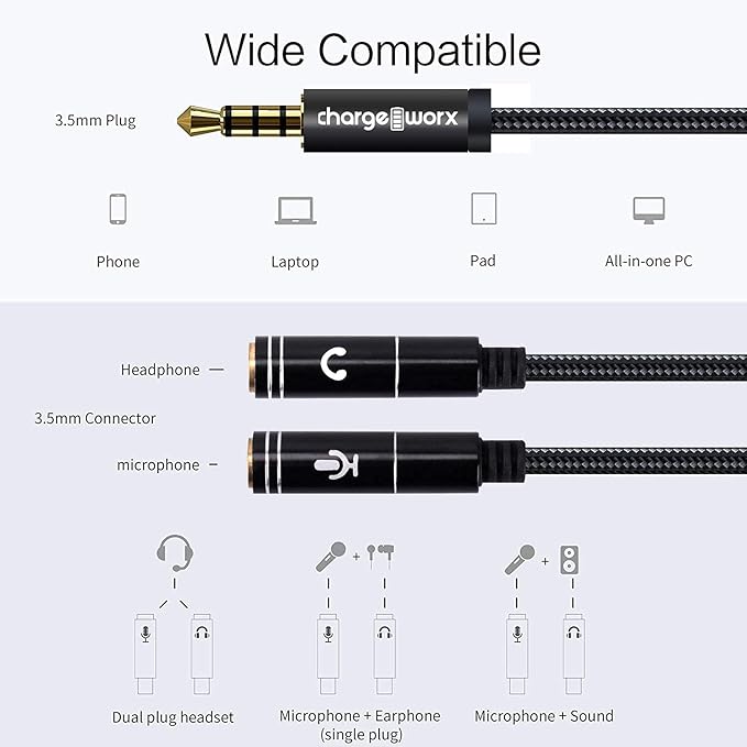 ChargeWorx 3.5mm Mic and Headphone Jack Splitter, Y-Splitter Adapter - Image 8
