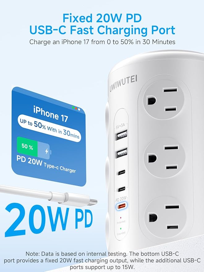 Tower Power Strip with 1 Dedicated PD 20W Fast-Charging Port, 12 Outlets - Image 2