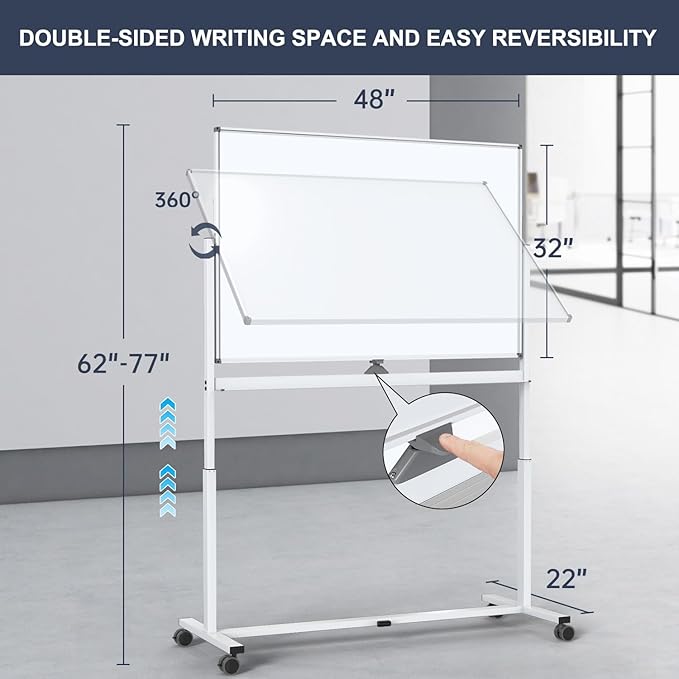White Board on Wheels, 48 x 32 Inches Height-Adjustable Large Rolling Whiteboard - Image 3