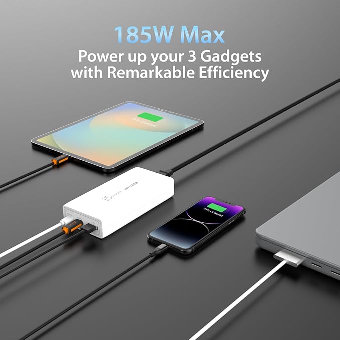 j5create 185W GaN USB-C/A 3-Port Laptop Super Charger w/Power Delivery 3.1 - Image 2