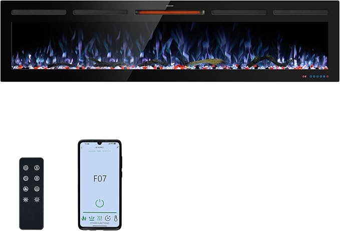 72" WiFi Electric Fireplace, Recessed and Wall Mounted Fireplace Heater by KENTSKY