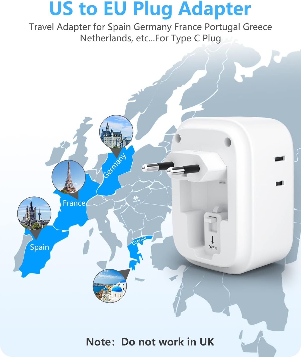 LENCENT Foldable European Travel Plug Adapter, US to Europe Type C Adapter | 2 Pack Power Plug with USB C Ports 4 Outlets, Adapter for USA to EU Euro Iceland Spain Italy France Germany Greece Portugal