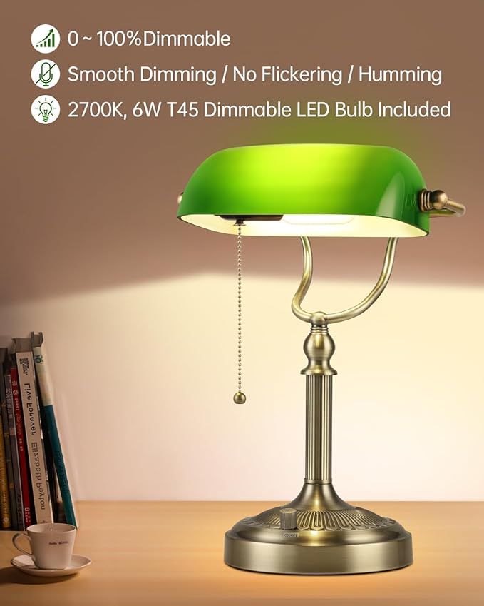 Newrays Green Glass Bankers Desk Lamp, Stepless Dimmable Table Lamp Plug in - Image 7