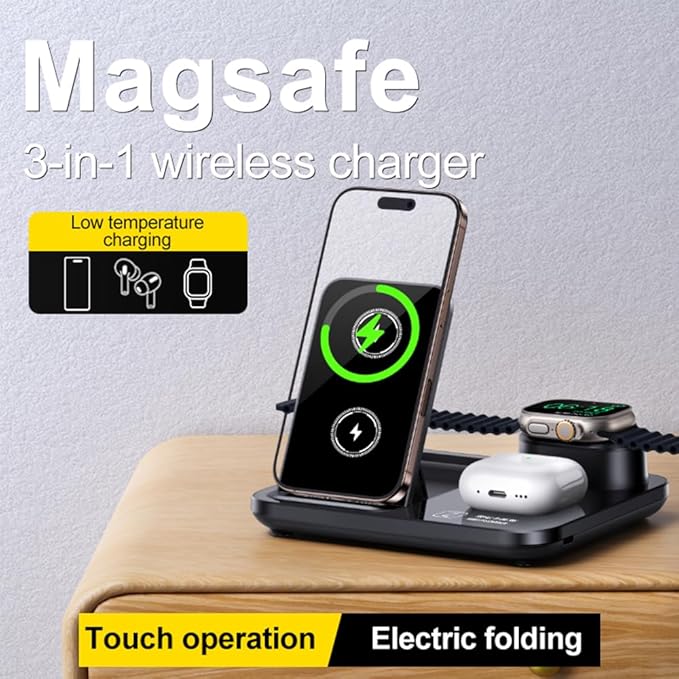 IHAO 3in1 Auto-Rising Wireless Charging Station 15W Fast Charge Ultra-Slim - Image 3