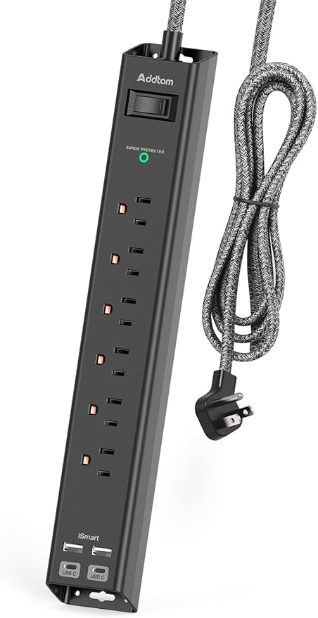Flat Plug Extension Cord, 6Ft Surge Protector Power Strip by Addtam