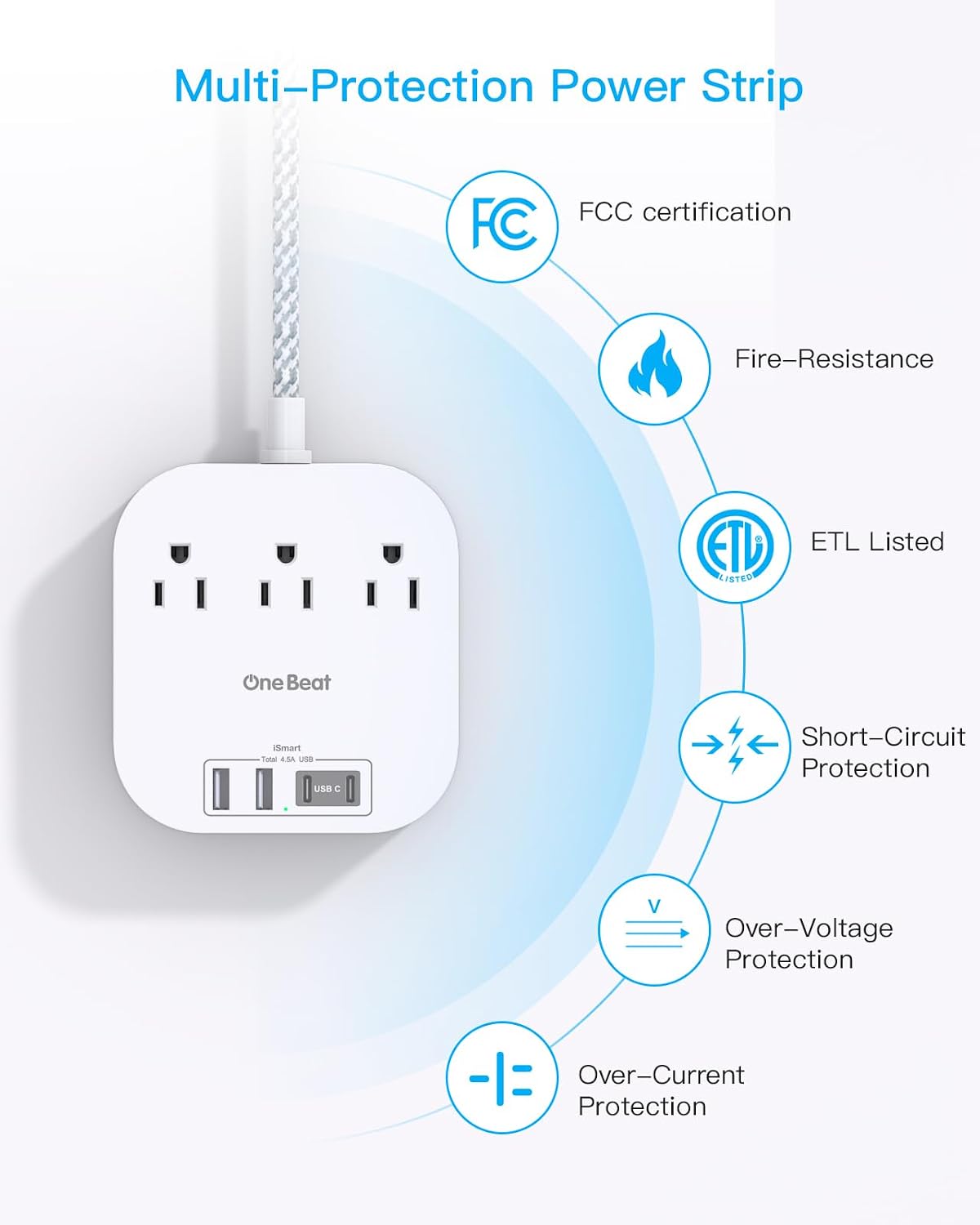 One Beat Power Strip with USB C, 3 Outlets 4 USB Ports (22.5W/4.5A), 6ft | Desktop Charging Station, Flat Plug, Braided Extension Cord, Non Surge Protector for Travel, Cruise Ship, ETL Listed