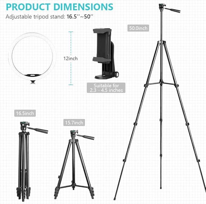 Sensyne 12'' Ring Light with 50'' Extendable Tripod Stand, LED Circle Lights - Image 5