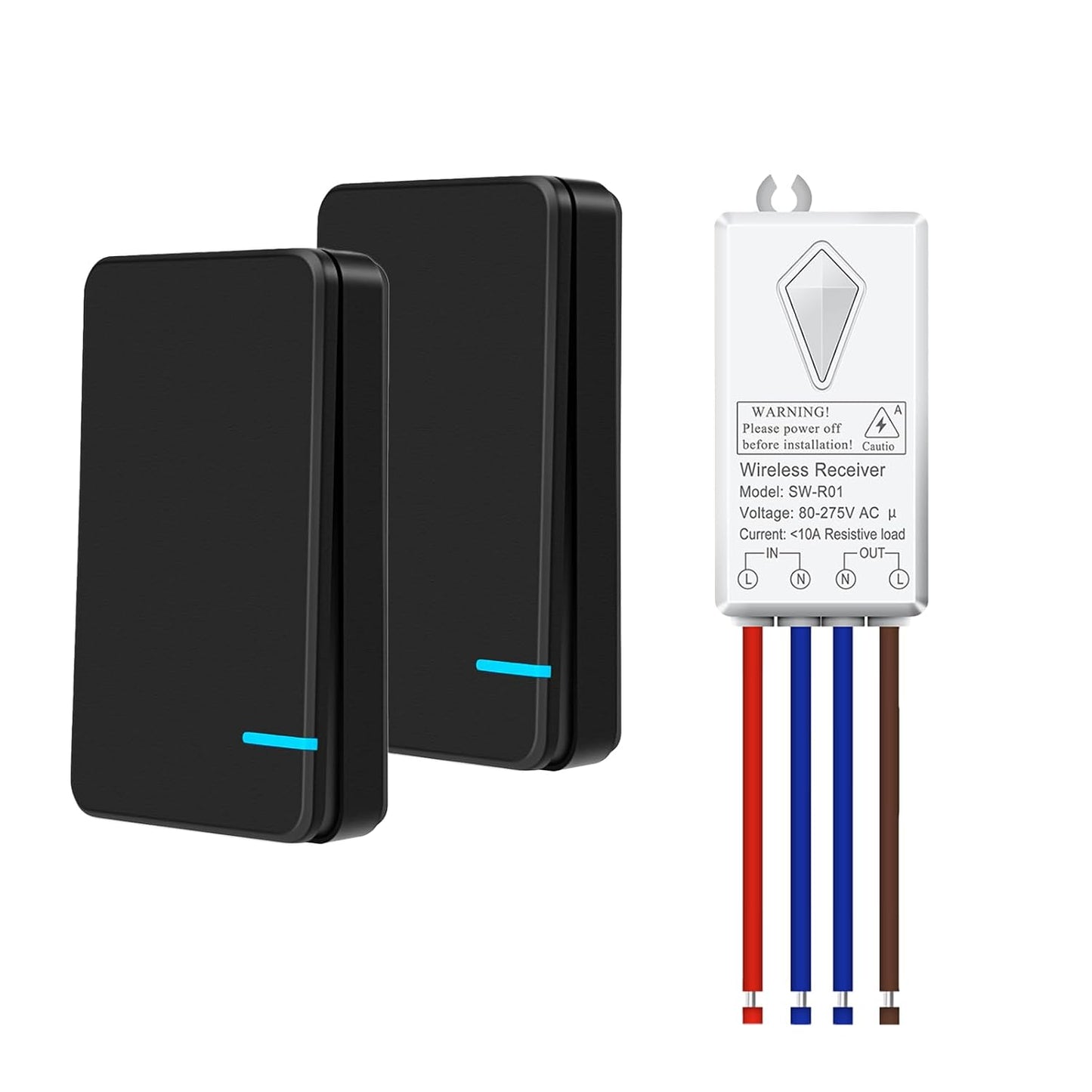 SuperInk Wireless Light Switch,No Wiring Remote Control Lighting Fixture | No Wiring,No WiFi,2 Mini Switch and Receiver,Outdoor 1969ft Indoor 328ft Remote Range,for LED Lights,Lamps,IP66 Waterproof