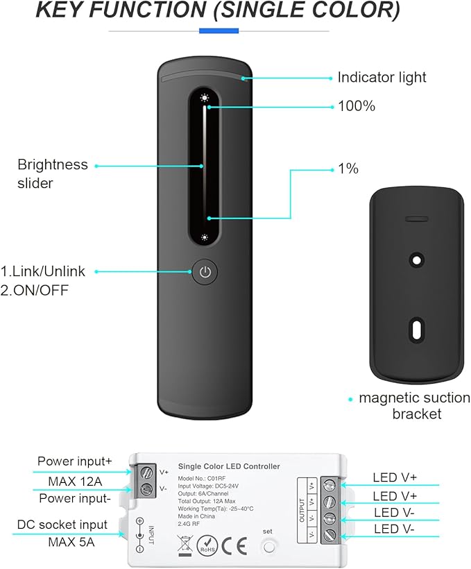 2.4GHz RF Single Color LED Strip Controller Remote Kit, Wireless Remote & Tuya - Image 8