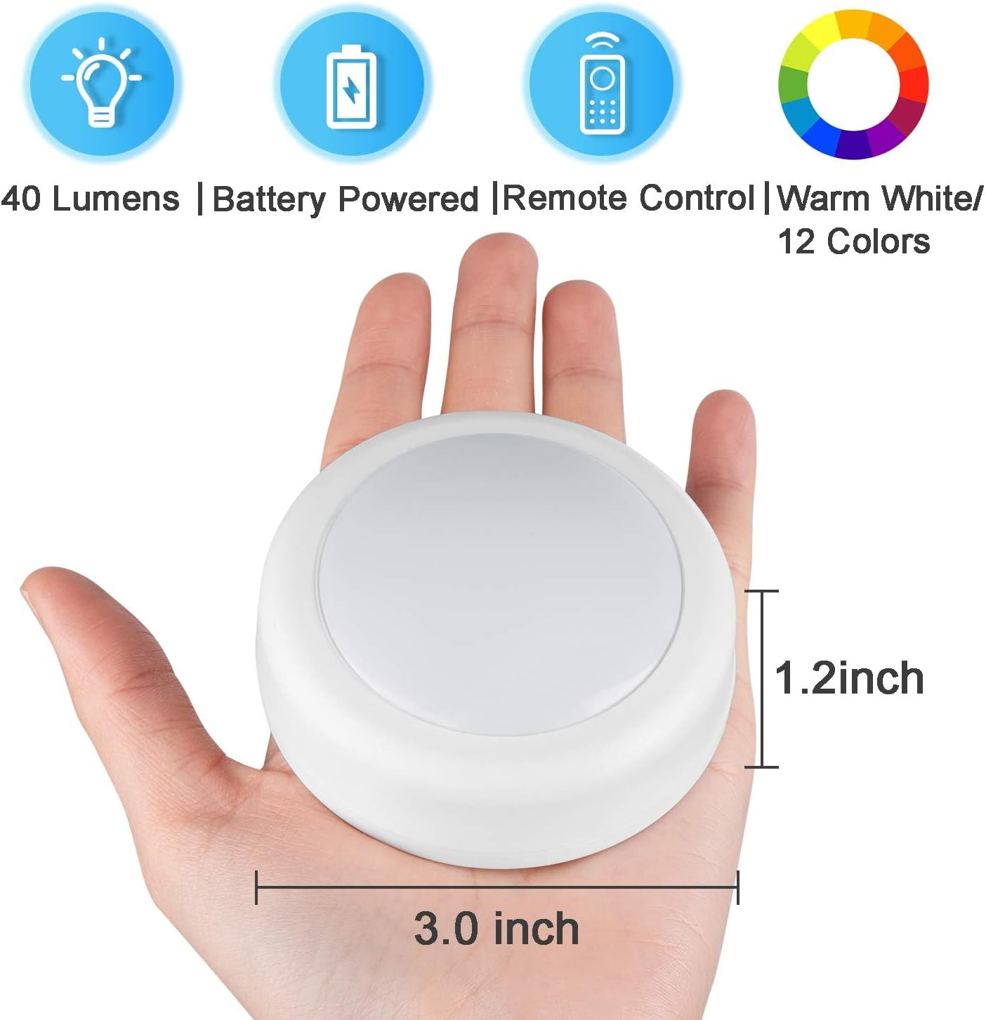 BLS LED Puck Lights with Remote Control, Wireless Under Cabinet & Closet Lighting, RGB 13 Color Changing Lights with Dimmer, Timer & AA Battery Operated, Push, Touch, Stick on for Night, White, 6 Pack