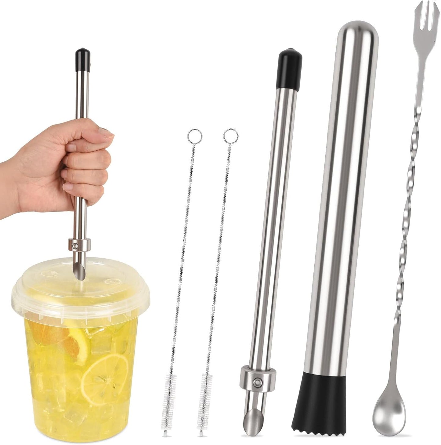 5 Pack Straw Puncher, lemonade stand supplies kit | with straw puncher for plastic lids, muddler for lemonade and cocktails, reusable lemonade cups