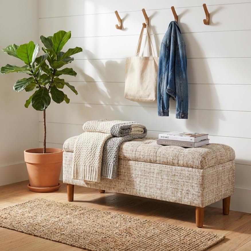 homepop 40" ainsley button tufted storage bench shown in use