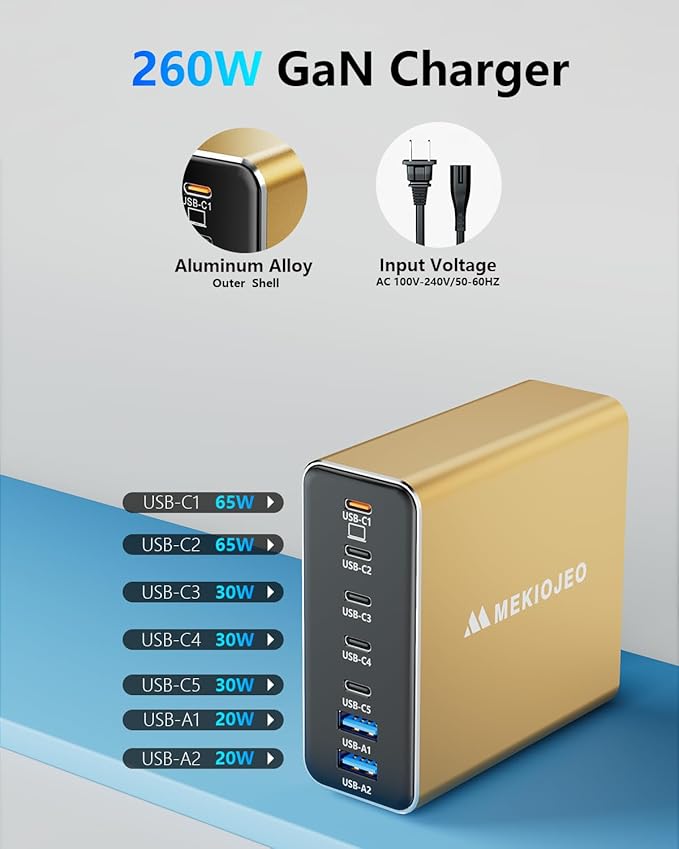 Aluminum Alloy USB C Charger 260W GaN Fast USB C Charging Station 7 Ports 65W - Image 3