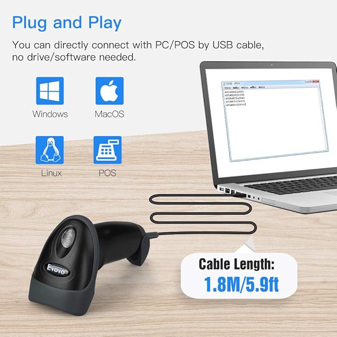 Eyoyo EYH2 Handheld USB 2D Barcode Scanner, Wired Automatic QR Code Scanner - Image 3
