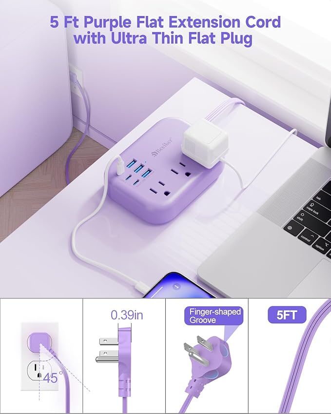 6 USB Purple Travel Power Strip- 5Ft Purple Extension Cord - Image 5