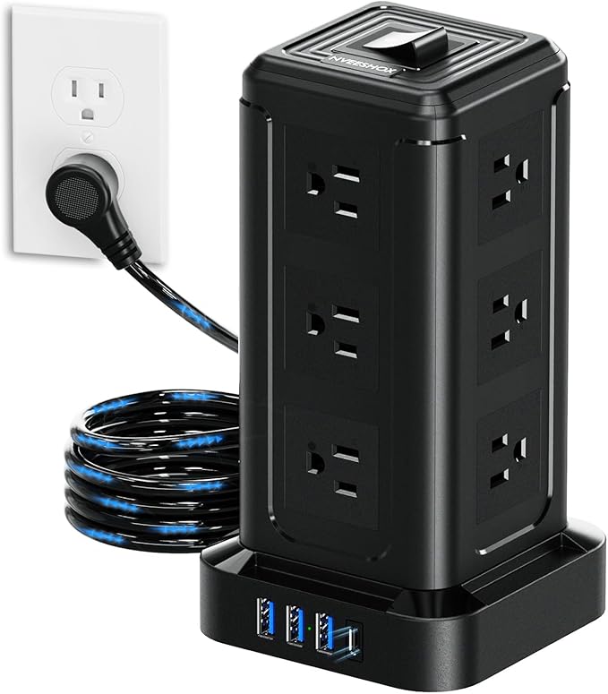 NVEESHOX Surge Protector Power Strip Tower, 10 FT Flat Plug Extension Cord by NVEESHOX