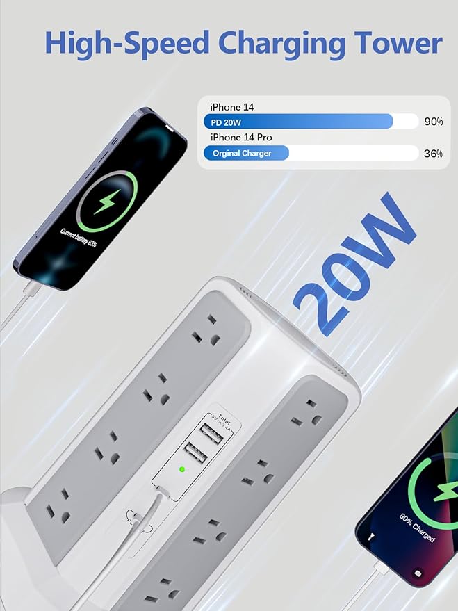 Surge Protector Power Strip Tower, 10FT Long Extension Cord - Image 6