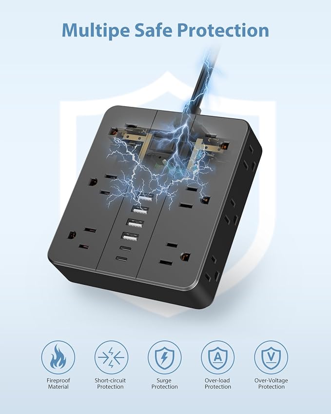 Power Strip Flat Plug with 12 Outlets 6 USB, SMNICE Surge Protector Charging - Image 2