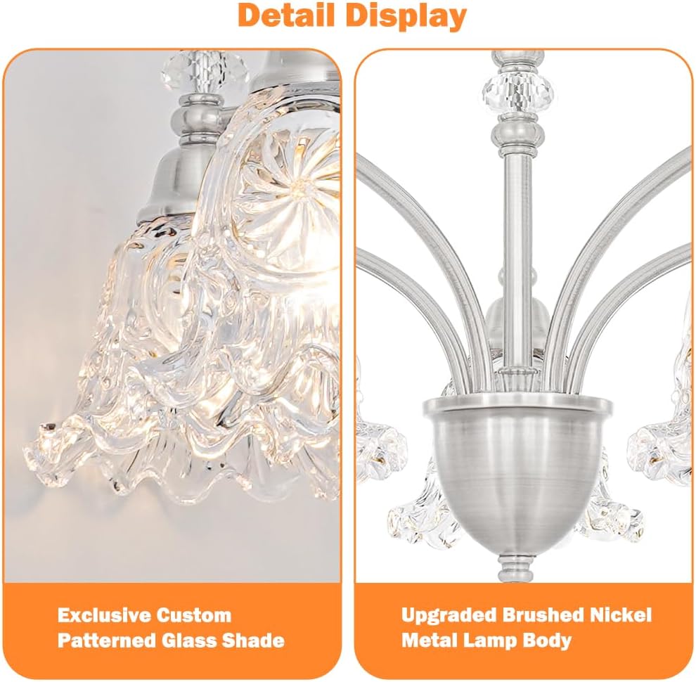 Vintage 5 Light Chandelier, Brushed Nickel Dining Room Light Fixtures Over Table, Farmhouse Glass Chandelier Ceiling Light Fixture for Kitchen, Dinning, Foyer, Bathroom, Living Room