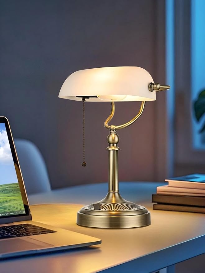 Newrays White Matted Glass Bankers Desk Lamp, Stepless Dimmable Table Lamp Plug - Image 4