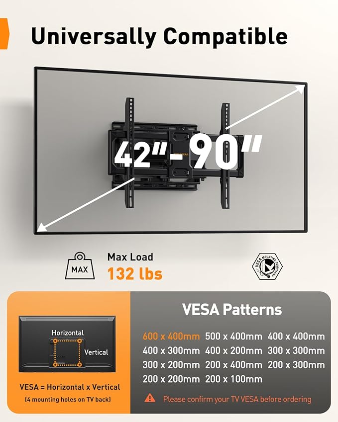 Perlegear UL Listed Full Motion TV Wall Mount - Image 2