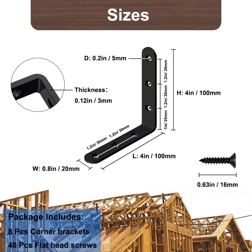 Black L Bracket 4 Inch Stainless Steel Corner Braces, 8 Pack 100x100mm 90 Degree Right Angle Joint Brackets for Wood Shelves Cabinets, with Screws