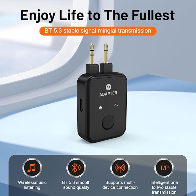 Airplane Bluetooth 5.3 Transmitter Adapter, 3.5mm to Dual Bluetooth Audio - Image 2