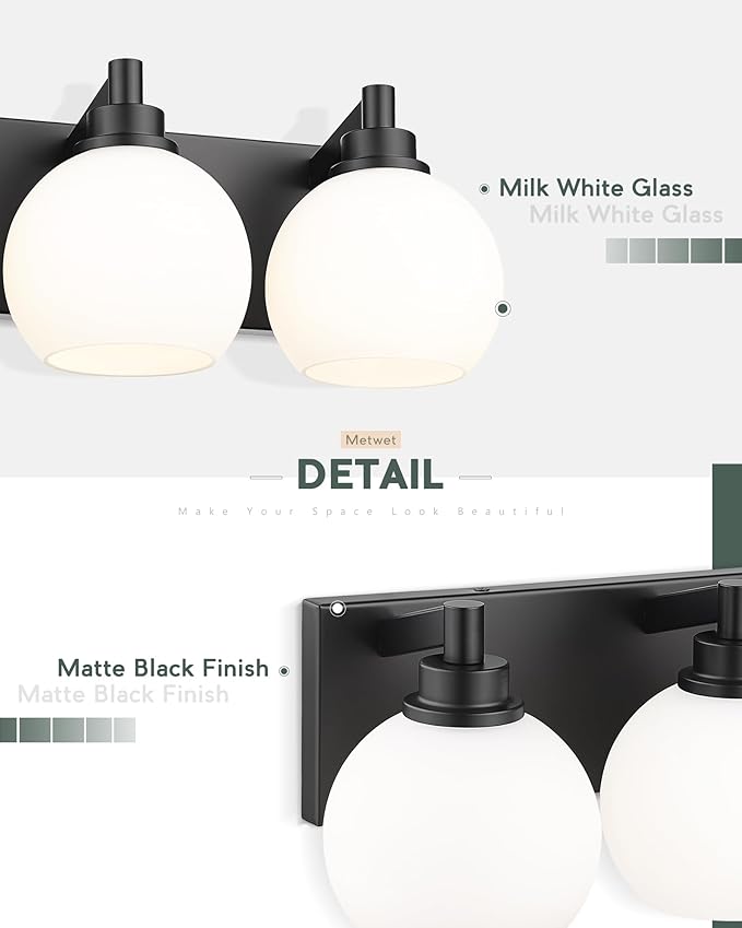 METWET Bathroom Light Fixtures, 3-Light Matte Black Vanity Light, Modern Wall - Image 4