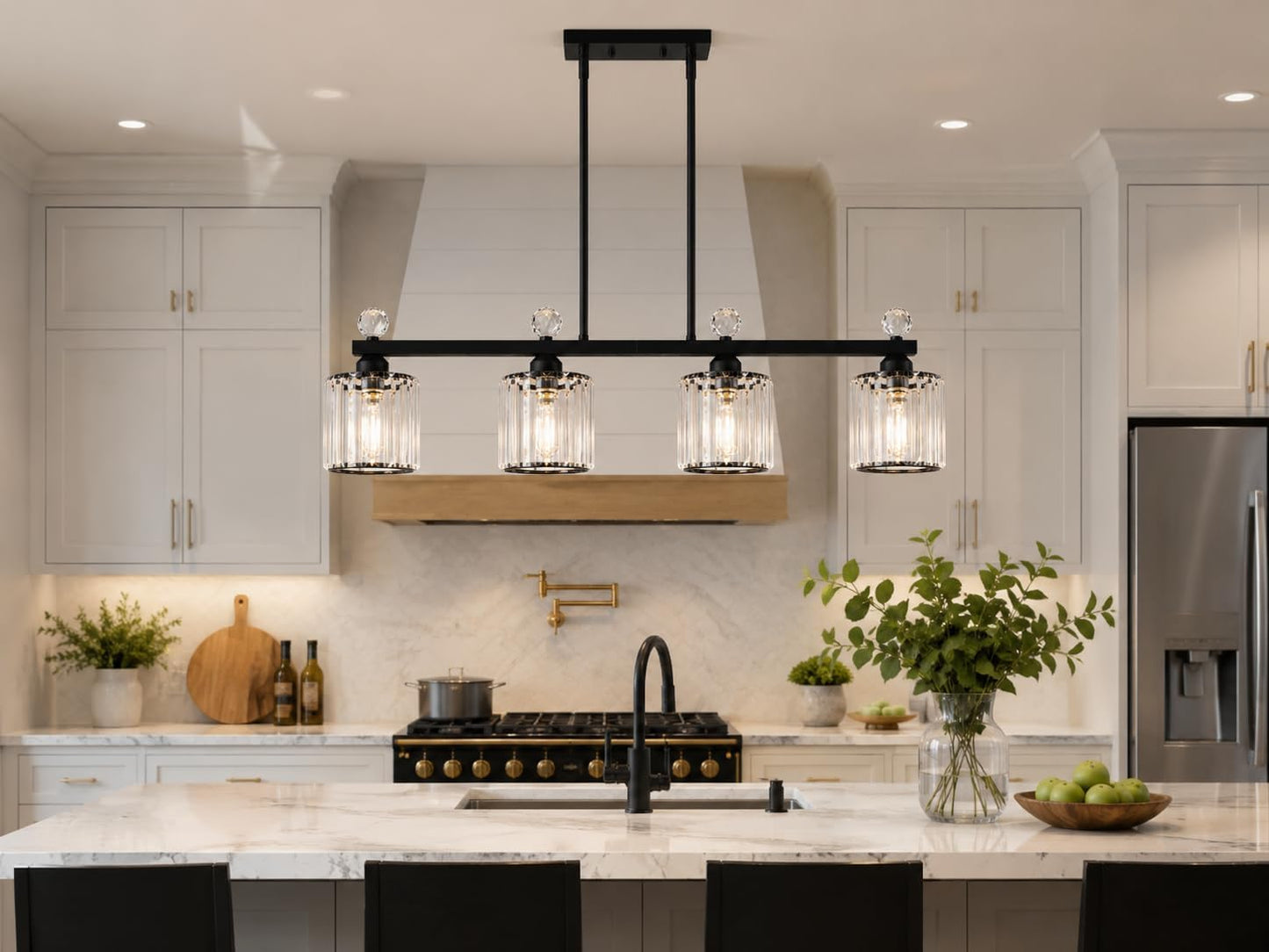 32" Crystal Island Light for Kitchen, 4-Light Black Linear Pendant Light | Linear Chandelier over Kitchen Island, Modern Ceiling Hanging Chandelier for Dining Room. Adjustable Height, E26